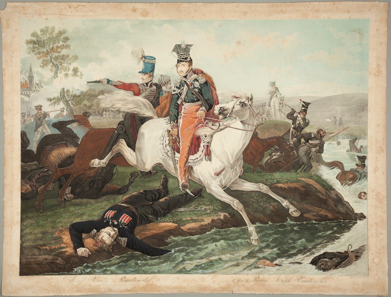 Ruhtinas Józef Poniatowski kuolee ylittäessään Elsterin 19. lokakuuta 1813 tekijältä Philibert-Louis Debucourt