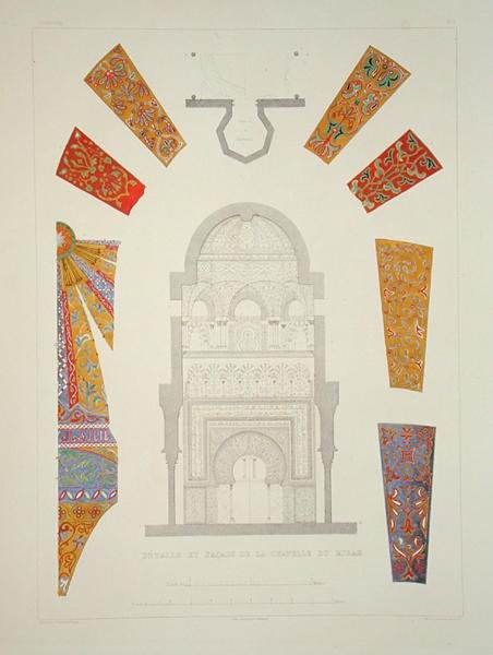 Mirahin kappelin yksityiskohdat ja julkisivu, julkaisusta "Souvenirs of Granada and of the Alhambra", kaivertanut Dumouza, julkaistu n. 1836-1837 (värilitho) tekijältä Philibert Joseph (after) Girault de Prangey