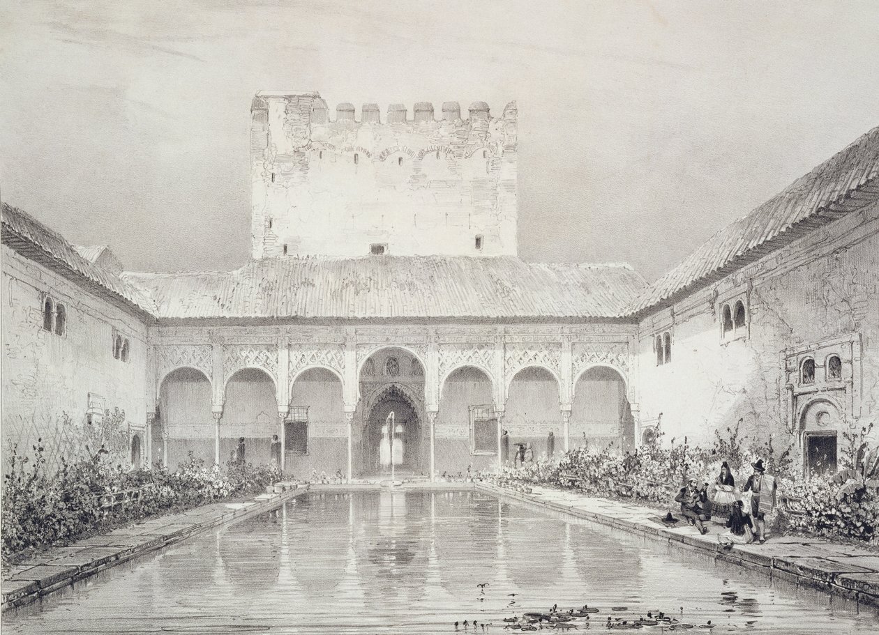 Allas ja suihkulähde Albercan sisäpihalla, Alhambra, levy 21 julkaisusta "Souvenirs de Grenade et de l