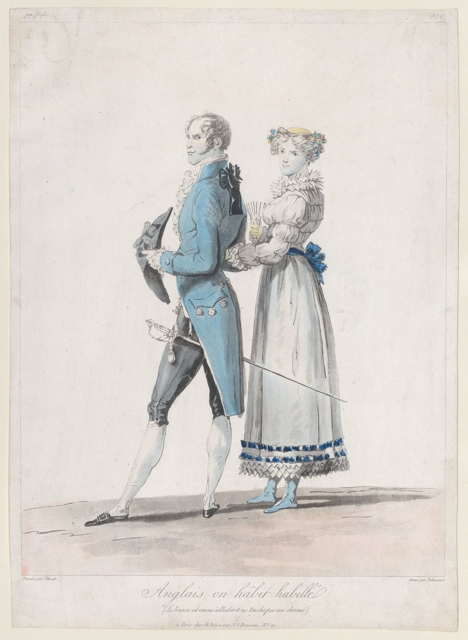 Englantilainen Habit Habillessa, Collections de Costumes Dessinesistä, 1814-24., tekijältä Philibert Louis Debucourt