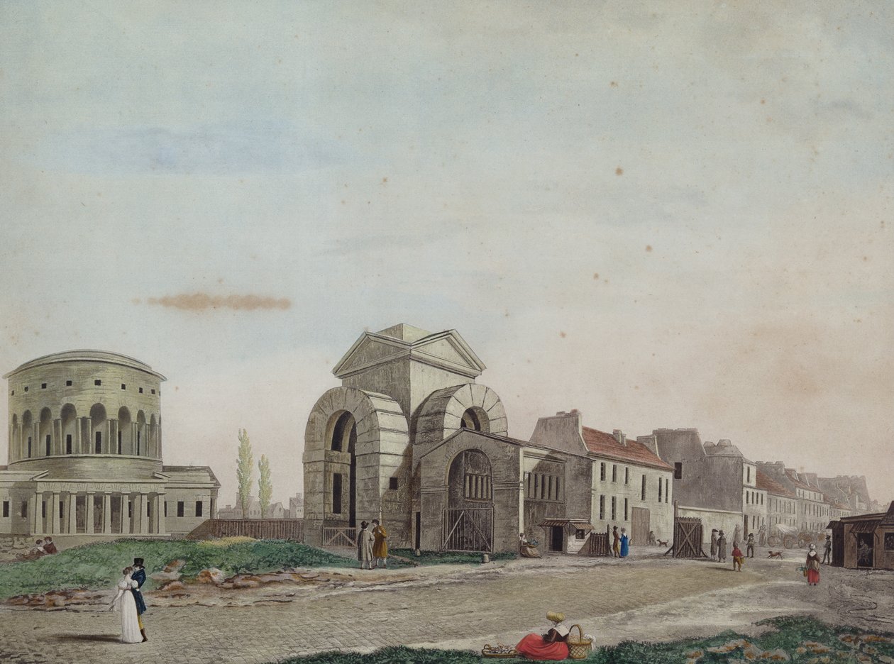 Barriere du Faubourg Saint-Martin, 1809 (kynä ja värillinen akvatinta) tekijältä Philibert Louis Debucourt