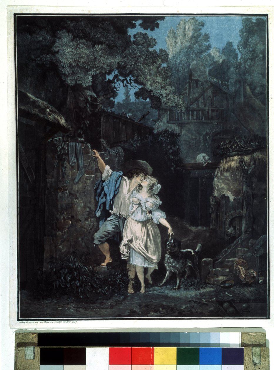 ""Farewell morning"" (Farewell morning) Pariskunta lähtee aikaisin aamulla. Litografia Philibert Louis Debucourt (1755-1832) 1787 Pushkin Museum Moskova tekijältä Philibert Louis Debucourt