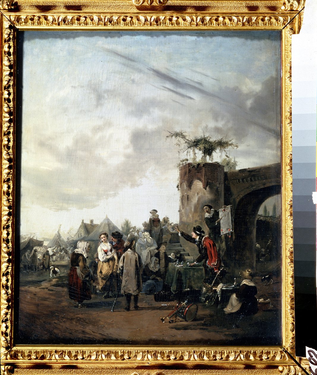 ""Sarlataani"" Kylän aukiolle asennettu huijari kehottaa asukkaita ostamaan ihmepillereitä. Philibert Louis Debucourtin (1755-1832) maalaus noin 1780 Pushkin-museo Moskova tekijältä Philibert Louis Debucourt