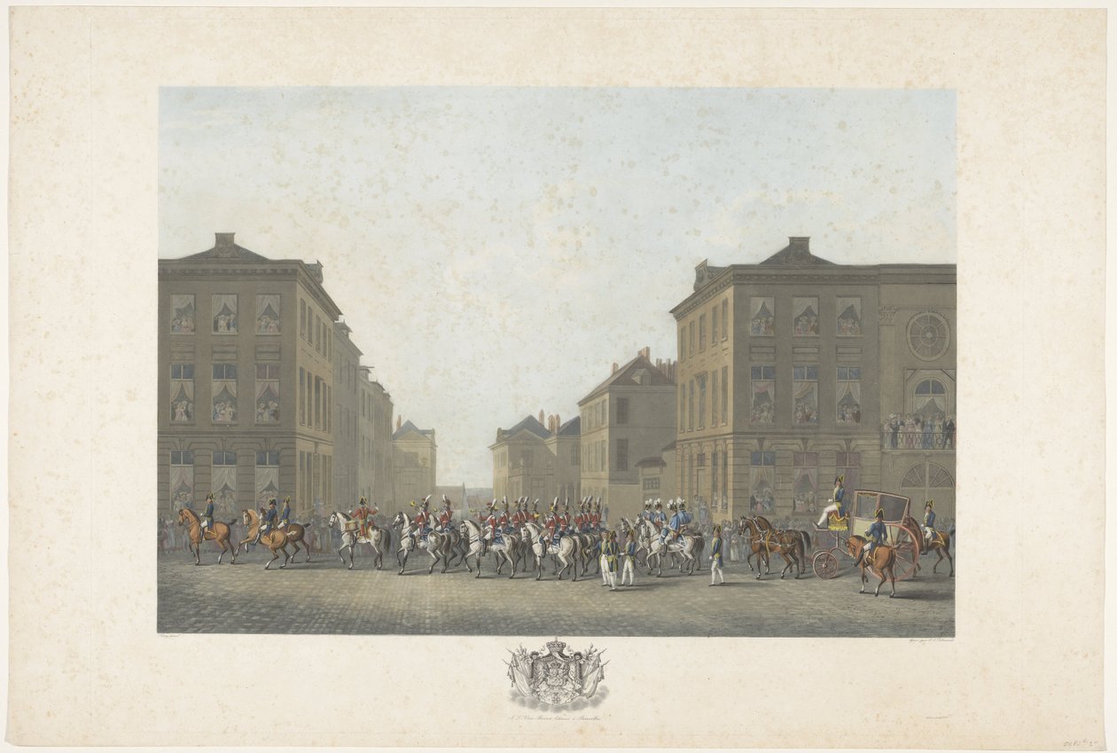 Bändi William I:n avajaisissa Brysselissä 21. syyskuuta 1815 Kaksitoista levyä William I:n saapumisesta ja virkaanastumisesta Brysseliin sekä taisteluista Quatre-Brasissa ja Waterloossa vuonna 1815 (sarjan nimi) tekijältä Philibert Louis Debucourt