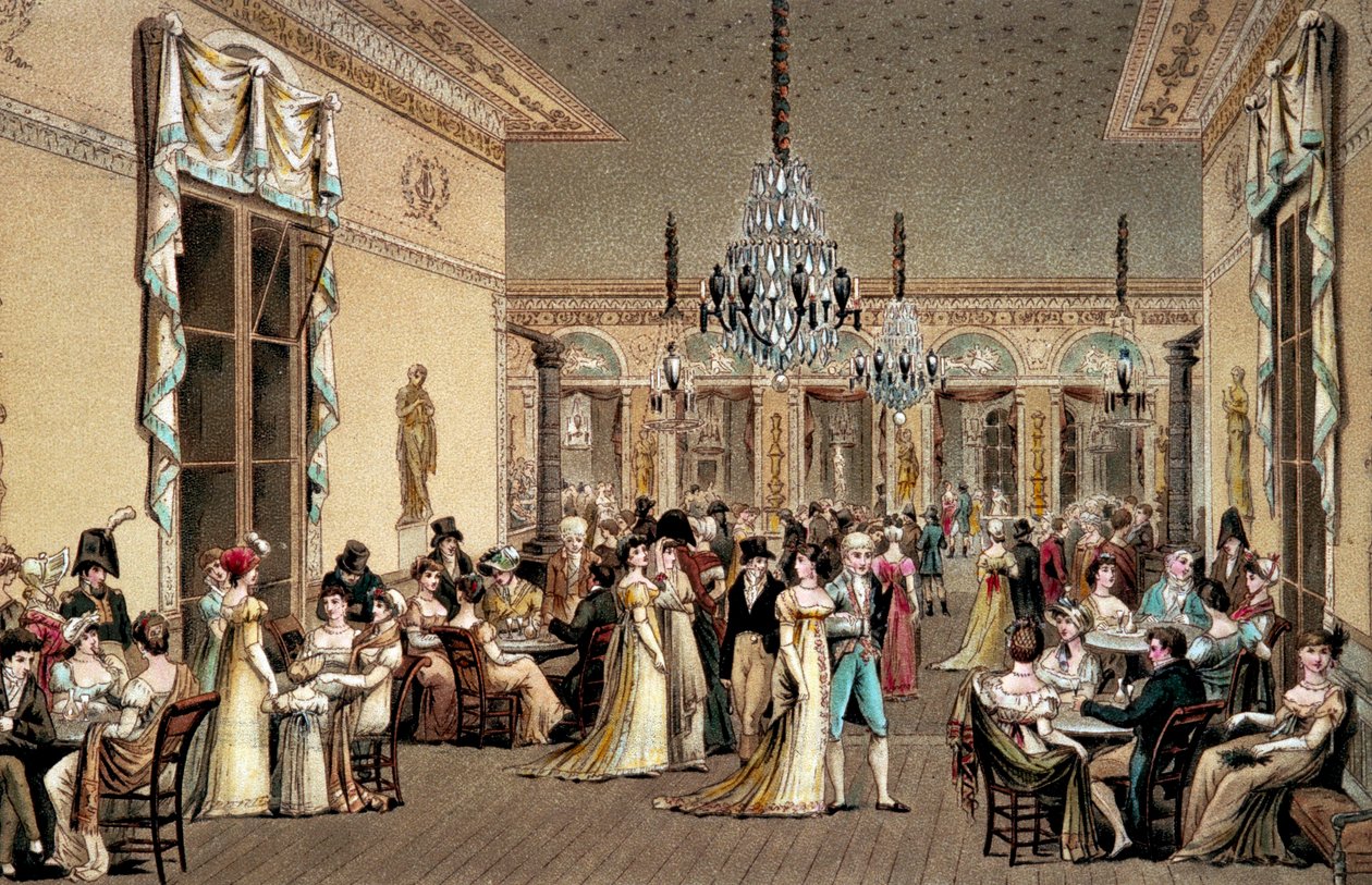 Cafe Frascatin suuri salonki. Philibert-Louis (Philibert Louis) Debucourtin litografia (1755-1832) tekijältä Philibert Louis Debucourt
