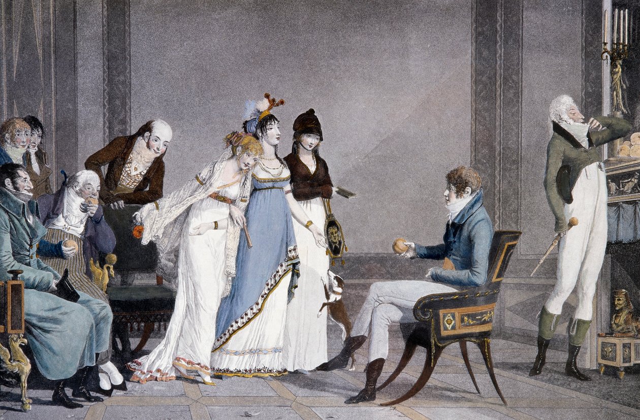 The Orange, Louis-Philibert Debucourt (1755-1832), akvatinta, kohtaus etruskien inspiroimilla Directoire-tyylisillä huonekaluilla, Ranska tekijältä Philibert Louis Debucourt