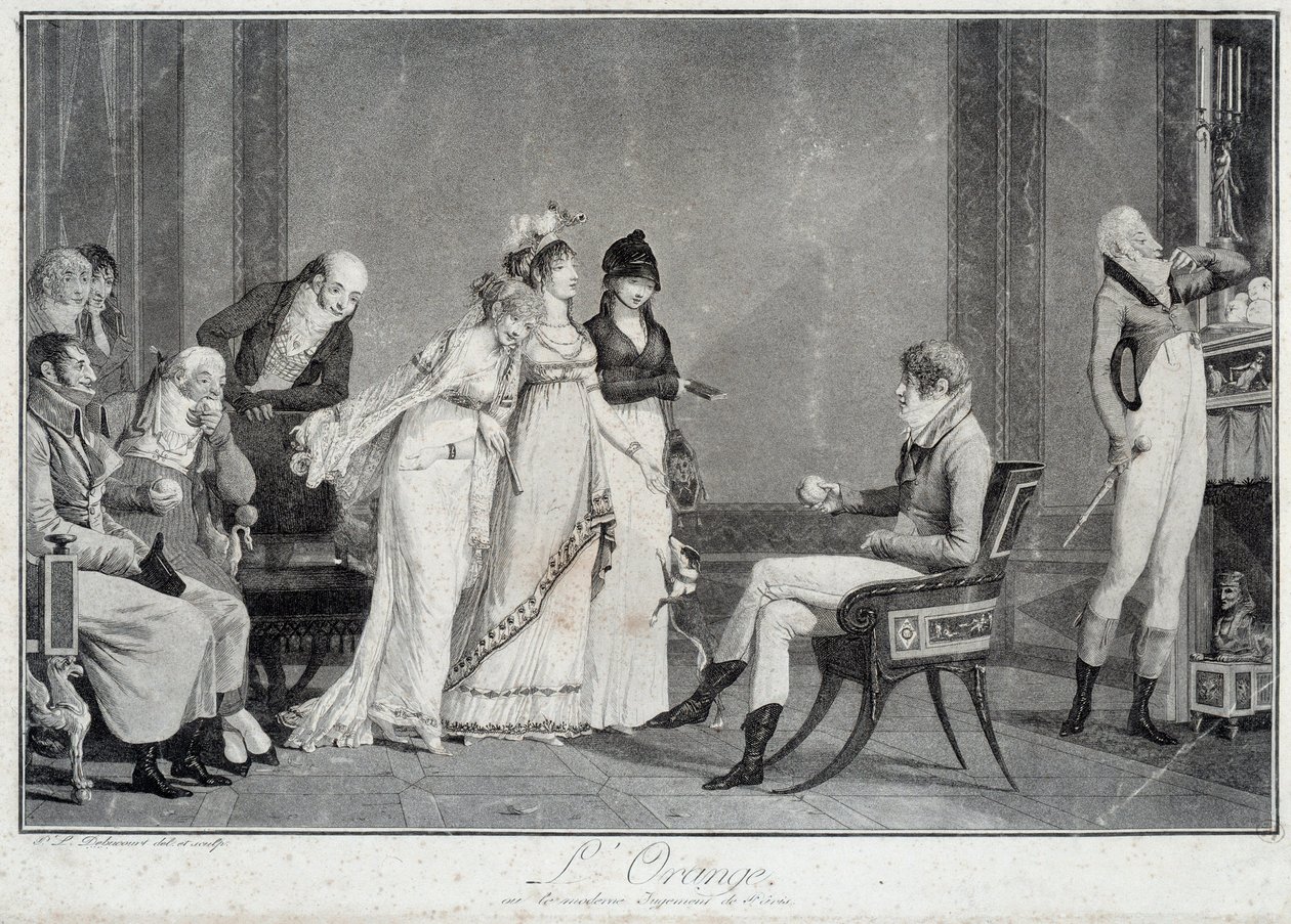Pariisin oranssi tai moderni tuomio Parodia Pariisin tuomiosta, joka lavastelee nuoren miehen Directoiren (Incredible) tapaan valita kolmesta ihanasta. Philibert Louis Debucourtin (1755-1832) vedokset 1800 Pariisin ympärillä, Musee Carnava tekijältä Philibert Louis Debucourt