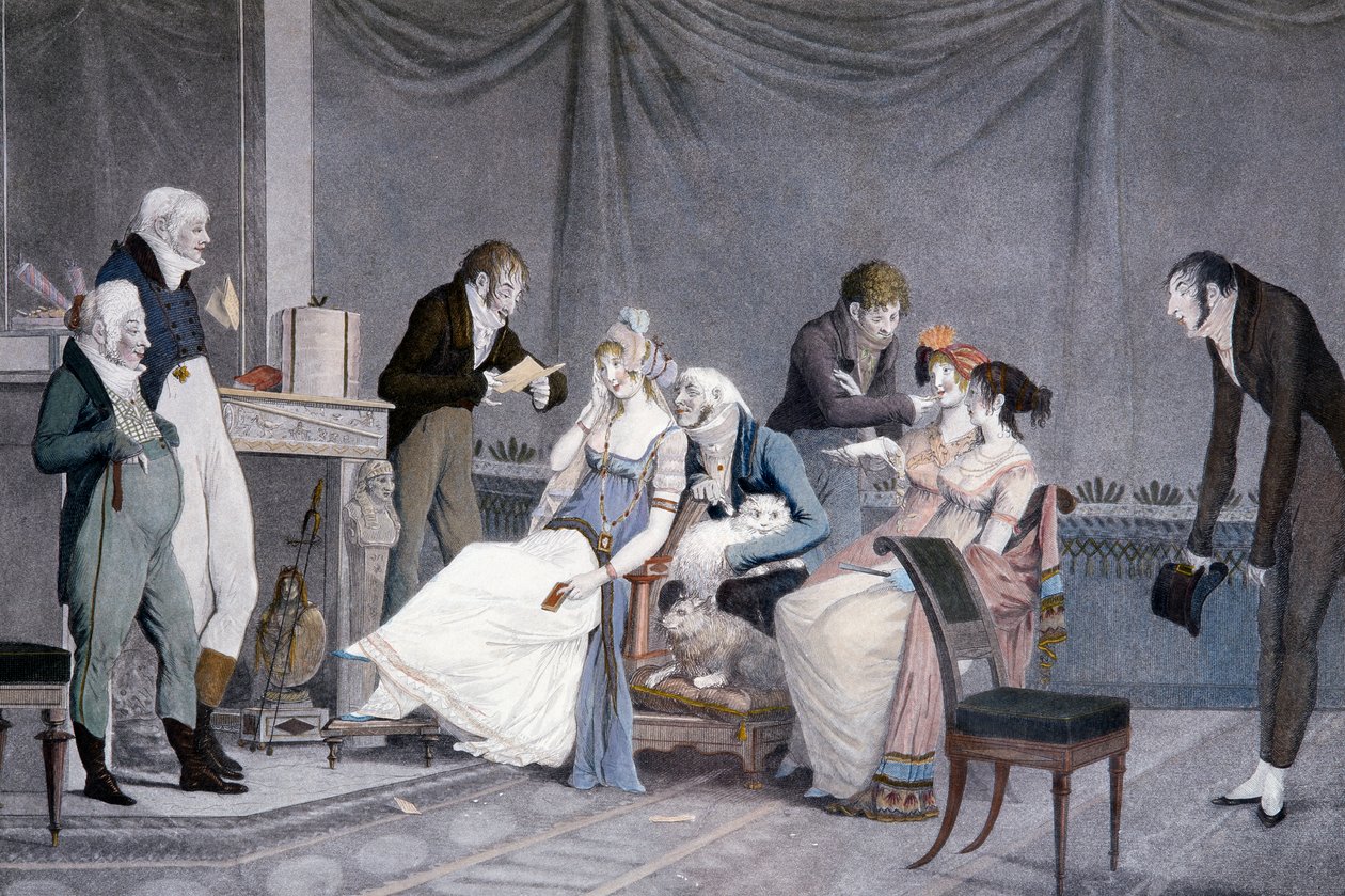 Louis-Philibert Debucourtin (1755-1832) vierailut, akvatinta, kohtaus etruskien inspiroimista Directoire-tyylisistä huonekaluista, Ranska tekijältä Philibert Louis Debucourt
