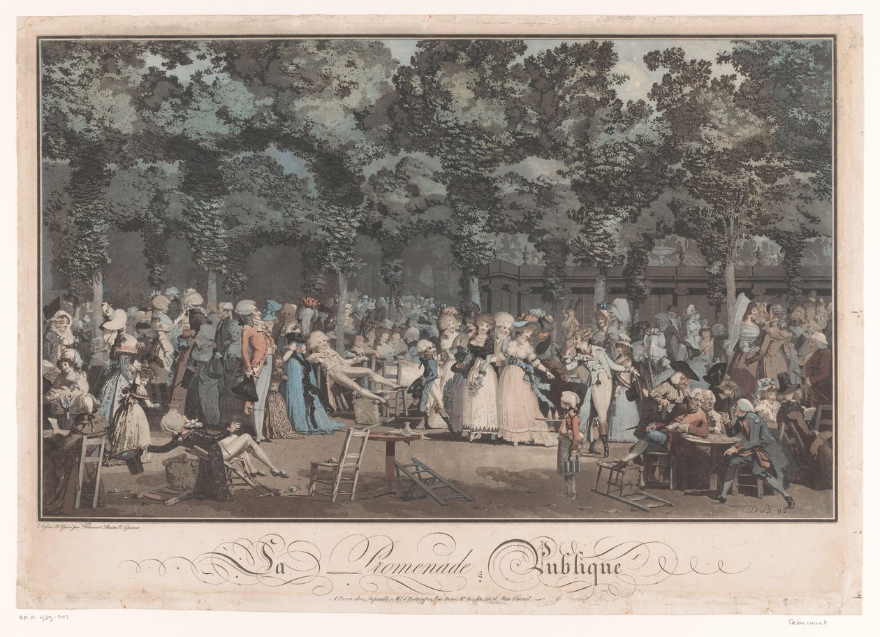 Nähdä ja tulla nähdyksi Tyylikäs yritys Jardin du Palais Royalissa Pariisissa La Promenade Publique (otsikko esineessä) tekijältä Philibert Louis Debucourt