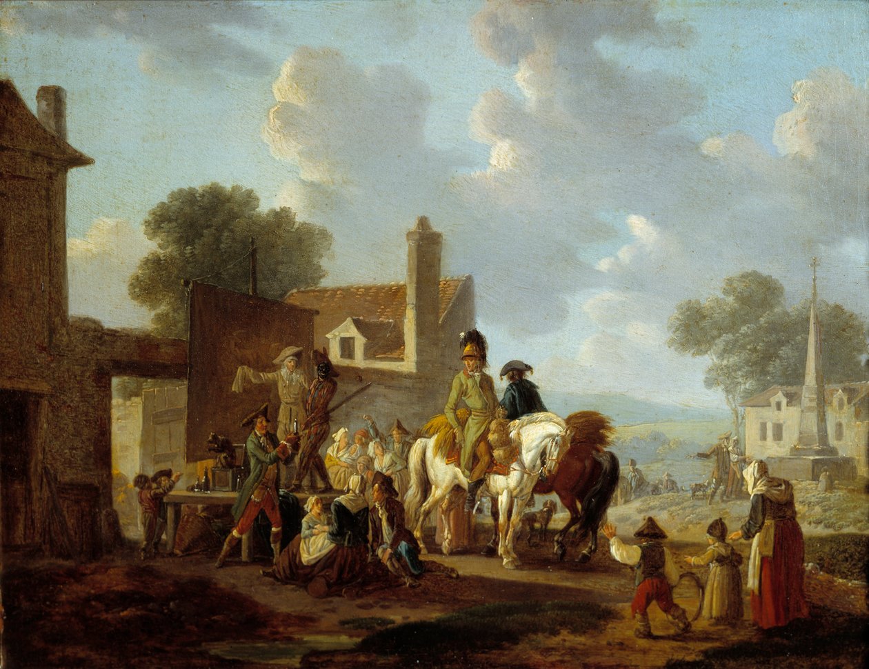 Kyläläiset ja ratsumiehet katsomassa pantomiimiteatteriesitystä kylän kaduilla. Louis Philibert Debucourtin (1755-1832) maalaus 1700-luvun su. 0,24x0,31 m tekijältä Philibert Louis Debucourt