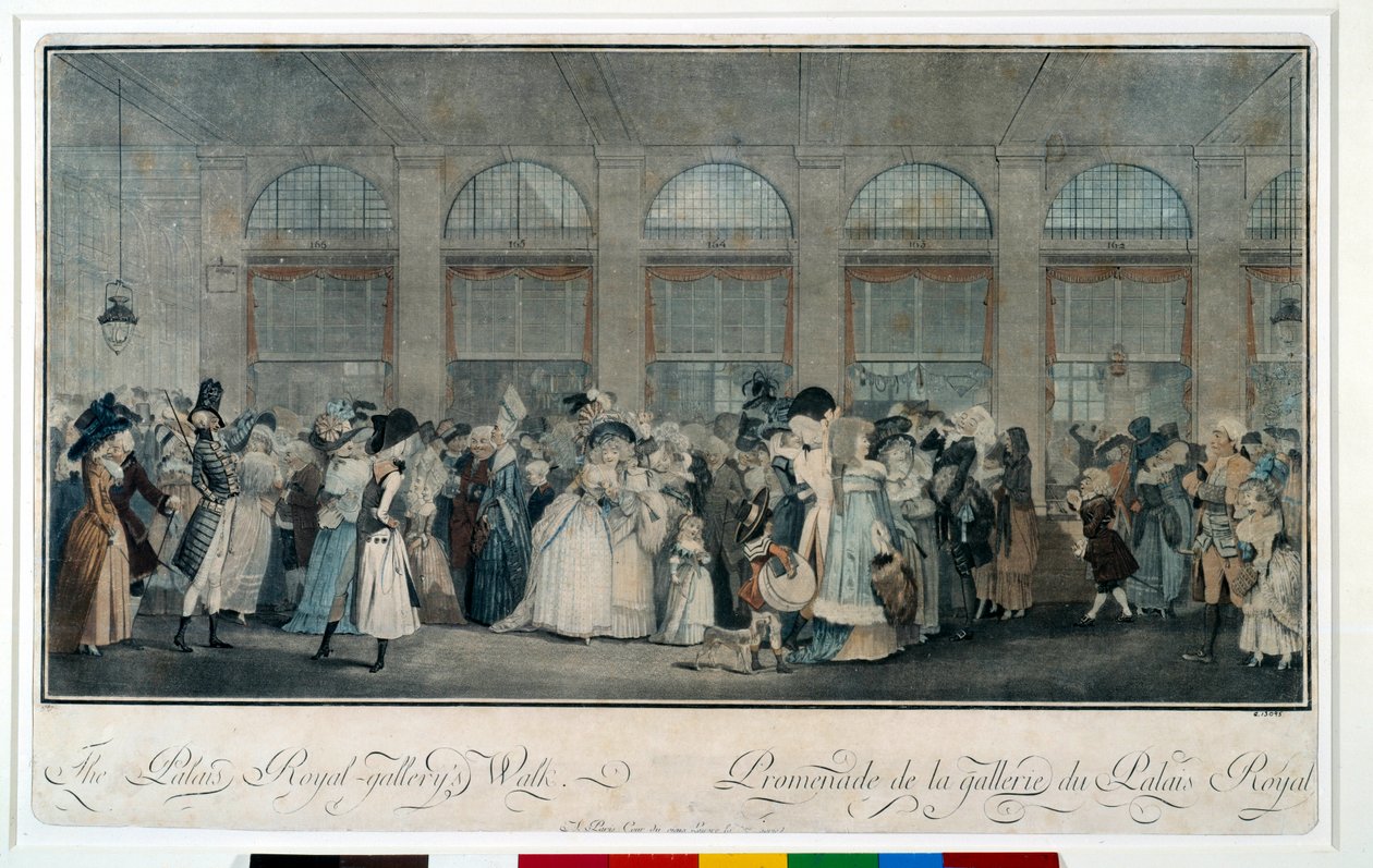 Kävele kuninkaallisen palatsin galleriassa vuonna 1787. Louis Philibert Debucourtin kaiverrus (1755 - 1832) tekijältä Philibert Louis Debucourt