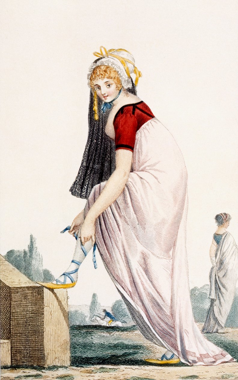 Nuori nainen kreikkalaistyylisessä kesäasussa, 1700, kuvitus teoksesta "Modes et Manieres du Jour a Paris" tekijältä Philibert Louis Debucourt