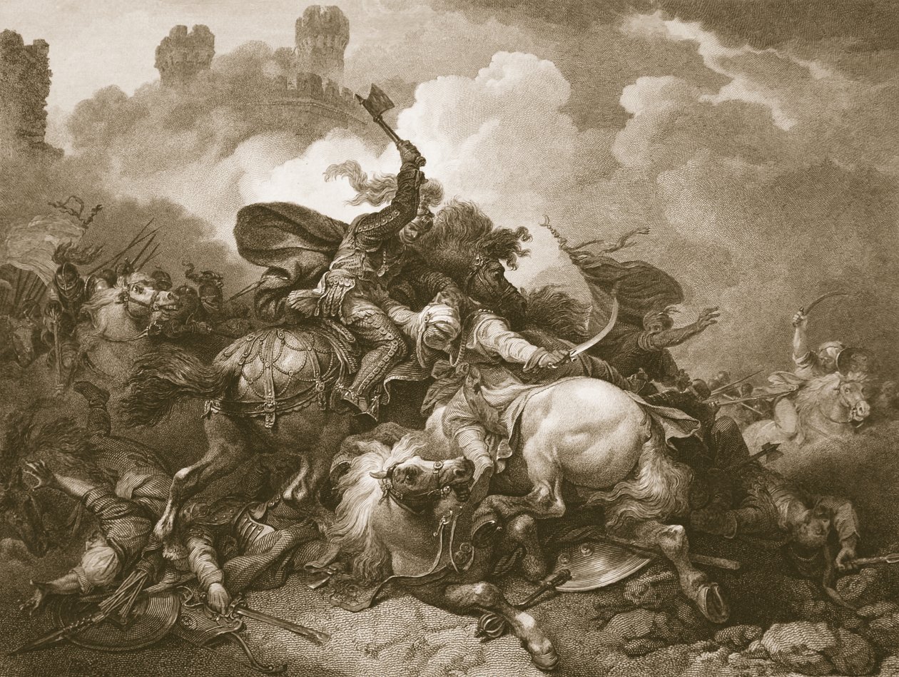 Richard the First Palestiinassa, kaiverrus A. Smith, kuvitus David Humen teoksesta "The History of England", pub. R. Bowyer, Lontoo, 1812 tekijältä Philip James de Loutherbourg