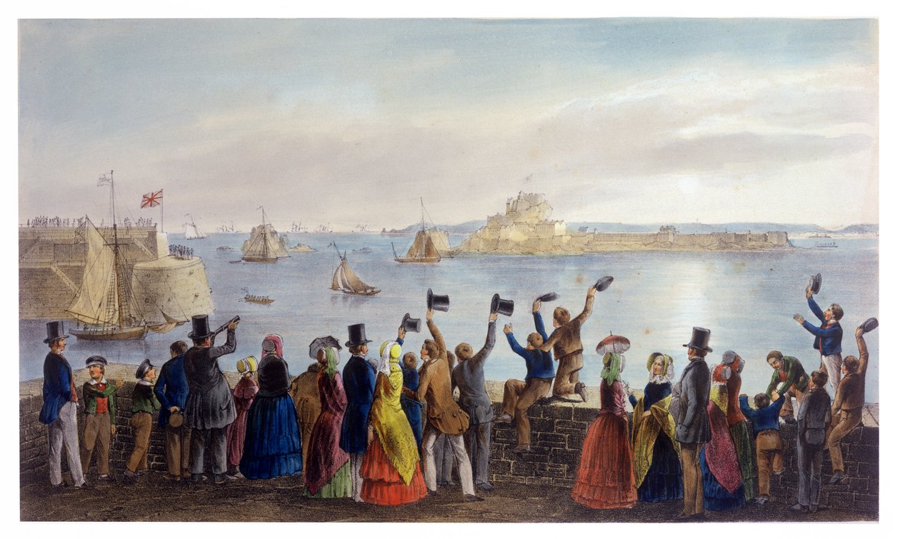 Kuninkaallinen laivue saapuu St. Aubinin lahdelle, 2. syyskuuta 1846, kuningatar Victorian vierailulta Jerseyssä, kaiverrus H. Walter, 1847 tekijältä Philip John Ouless