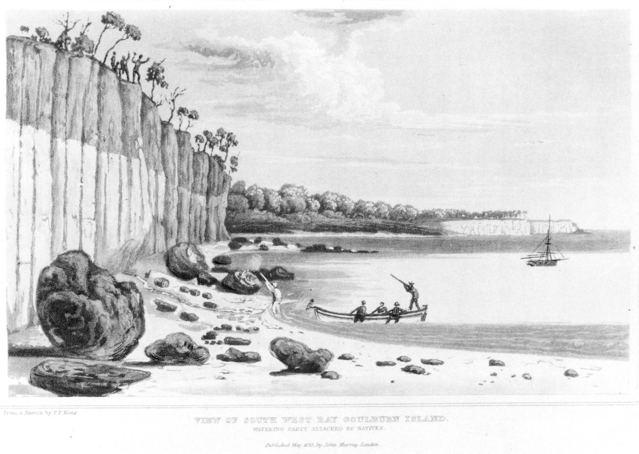 Watering Party Attacked by Natives South-West Bay, Goulburn Island, "Narrative of a Survey of the Intertropical and Western Coasts of Australia", P.P. Kuningas, 1827 tekijältä Philip Parker King