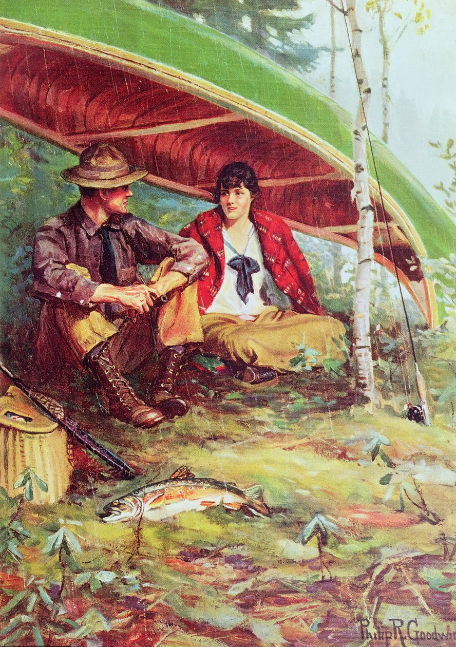 Pariskunta suojaa sateelta veneen alta tekijältä Philip Russell Goodwin