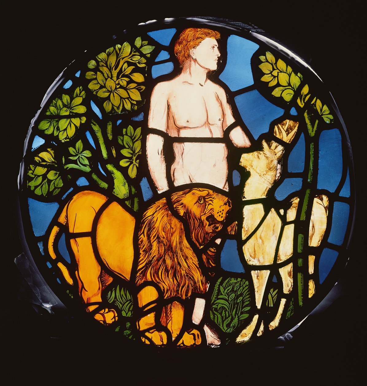 Adam Naming the Beasts, yksityiskohta luomisikkunasta, 1861 lasimaalaus yksityiskohta 120153 tekijältä Philip Webb