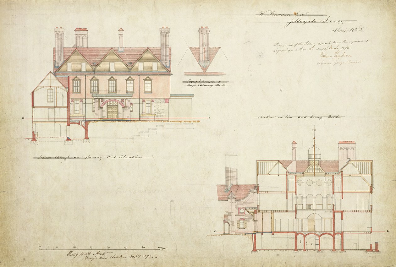 Suunnittelu Joldwynsille, Surrey, 1872 (kynä, muste ja wc paperilla) tekijältä Philip Webb