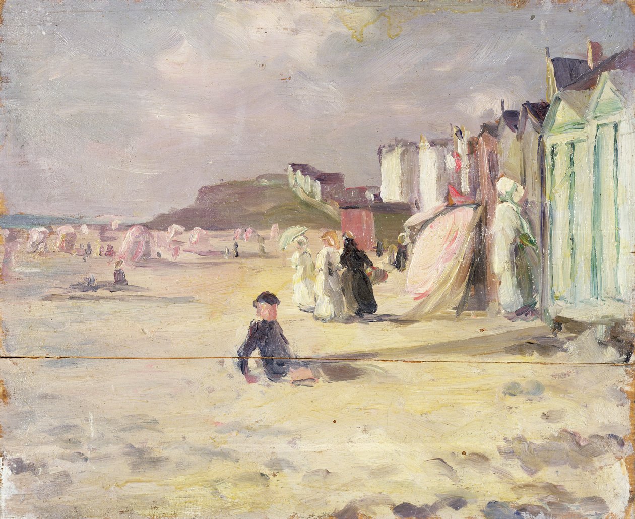 Hahmoja kävelemässä rantamökkirivin vieressä (paneeli) tekijältä Philip Wilson Steer