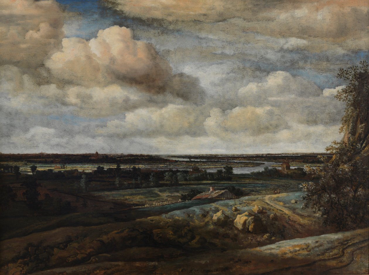 Hollandsk panorama-landskab med en flod tekijältä Philip de Koninck