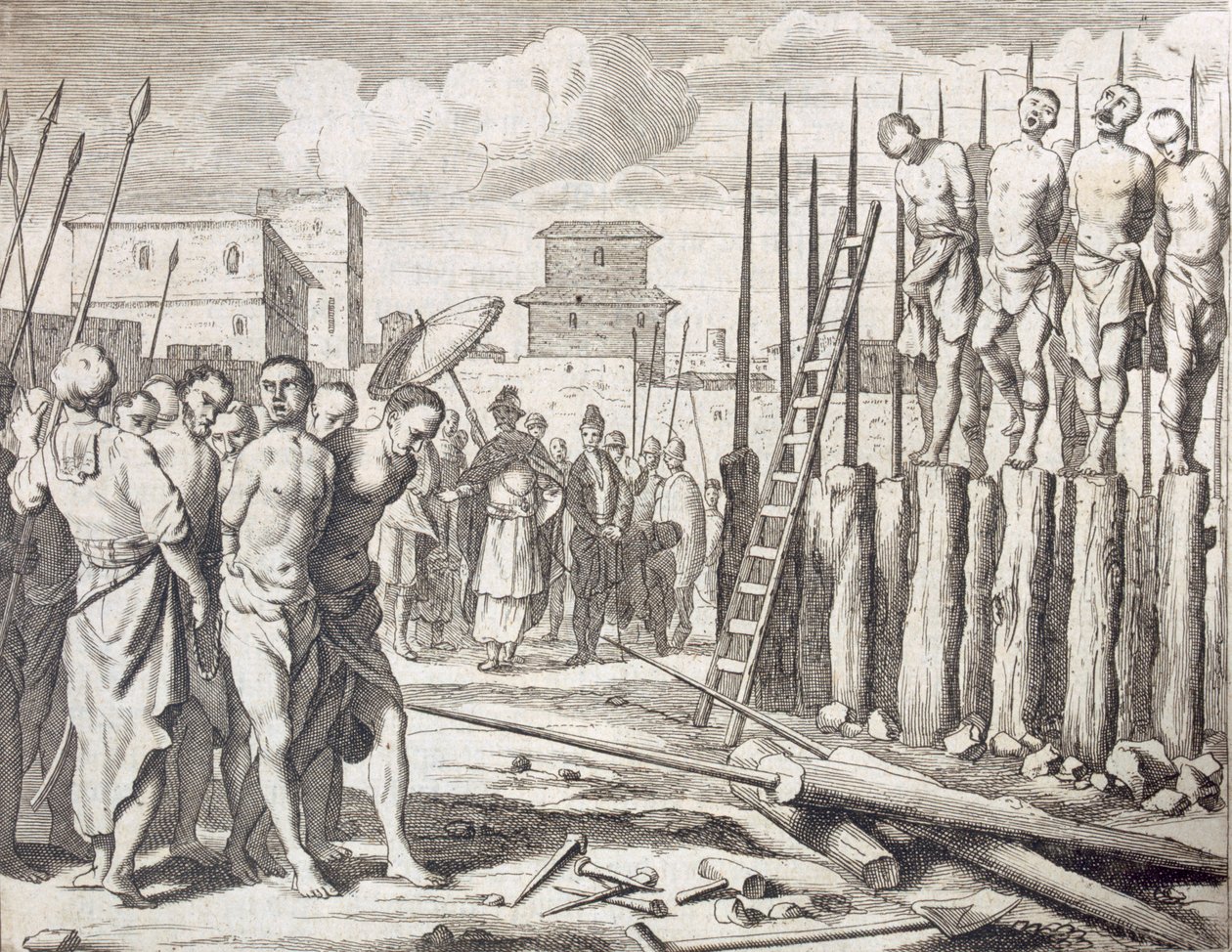 Joidenkin kapinallisten lyöminen, Punishment: Massacre by impament, pub. 1672. tekijältä Philip Baldaeus
