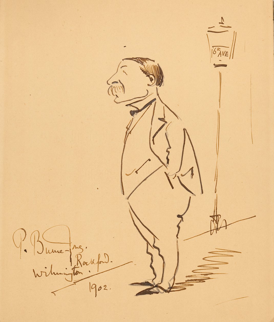 Karikatyyri Samuel Bancroftista tekijältä Philip Burne Jones