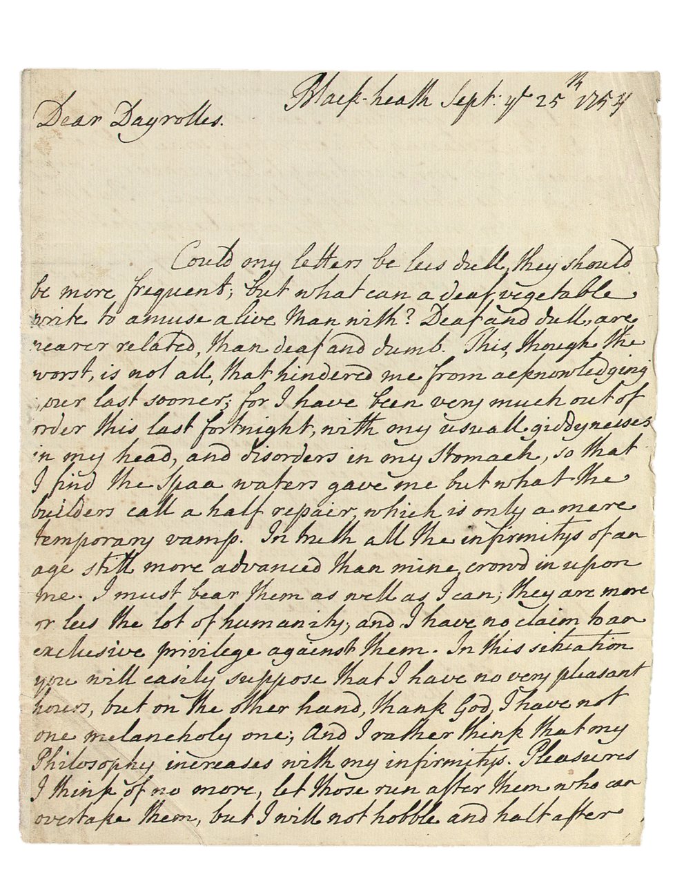 Nimikirjoituskirje Solomon Dayrollesille, Blackheath, 25. syyskuuta 1754 (kynä ja muste paperille) tekijältä Philip Dormer Stanhope Chesterfield