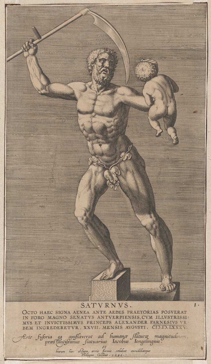 Levy 1: Saturnus, alaston jumalan patsas, joka seisoo sokkelilla, pitelee viikatettä oikealla..., 1586. tekijältä Philip Galle