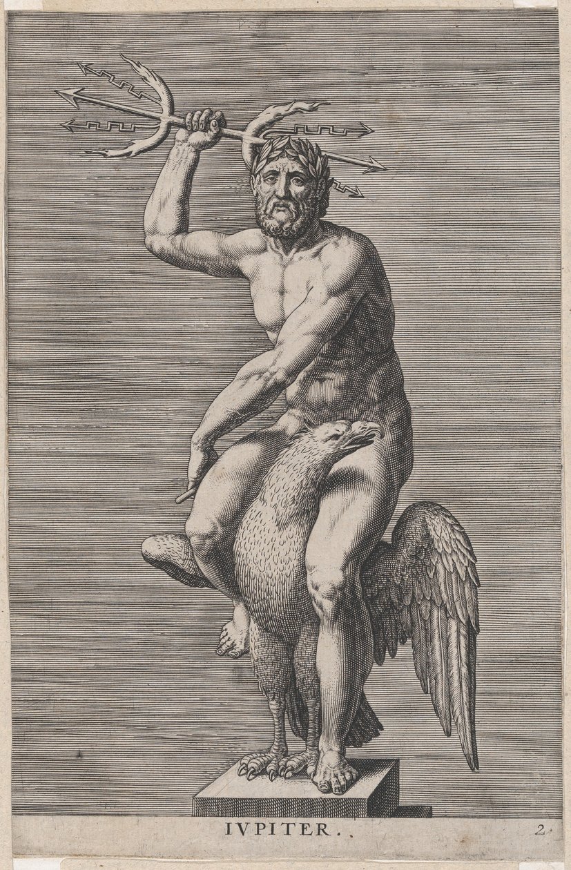 Levy 2: Jupiter, kotkan selässä istuvan alastonjumalan patsas, jolla on kaksoiskolmio, edestakaisin..., 1586. tekijältä Philip Galle
