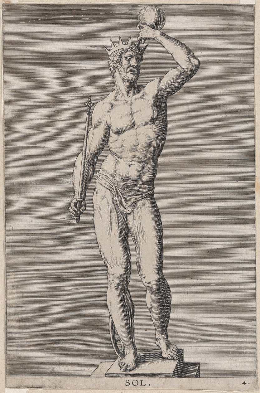 Levy 4: Apollo, alaston jumalan patsas seisomassa sokkelissa, kruunu ja kädessään..., 1586. tekijältä Philip Galle