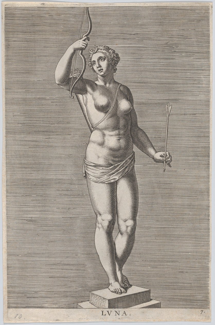 Levy 7: Diana, alastonjumalattaren patsas, joka seisoo sokkelissa, yllään kuunsirppi vuonna..., 1586. tekijältä Philip Galle