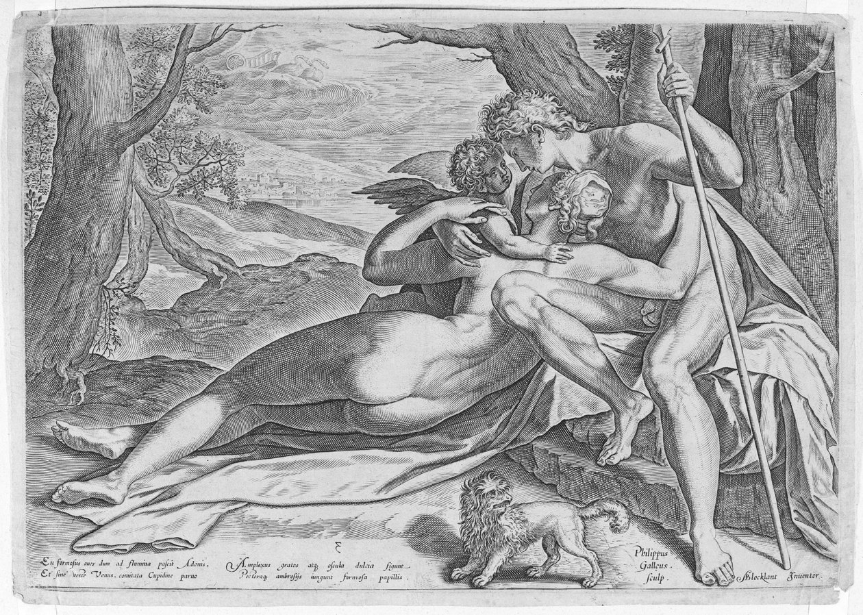 Venus ja Adonis, sarjasta The Story of Adonis, n. 1579, n. 1579. tekijältä Philip Galle