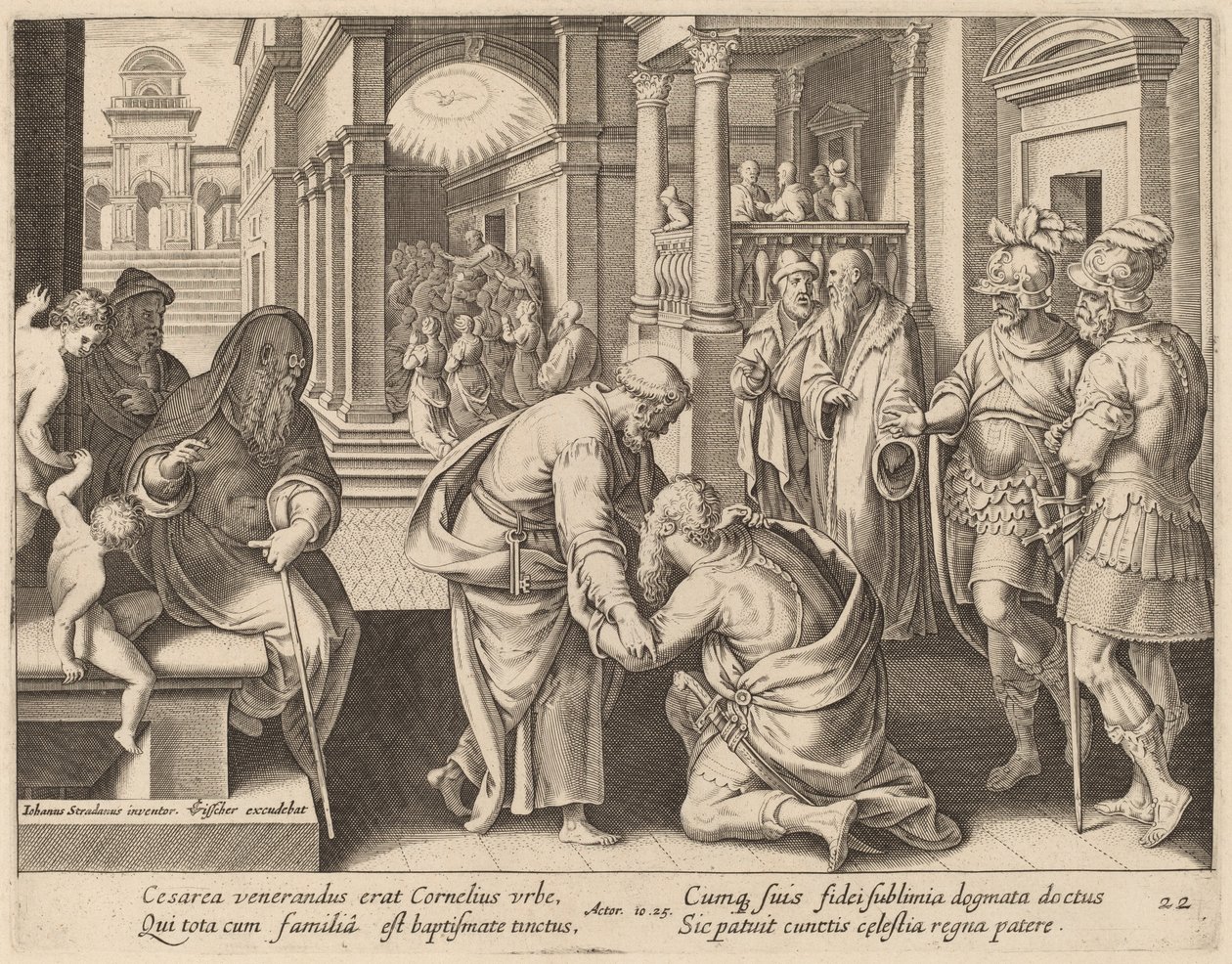 Kornelius palvoo Pietaria tekijältä Philip Galle after Jan van der Straet