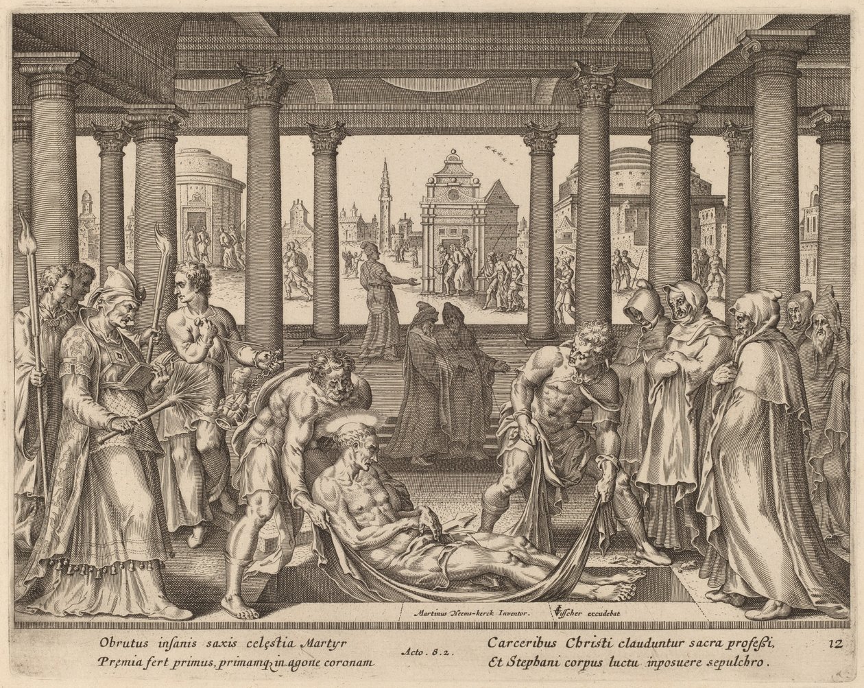 Uskollisia miehiä kantamassa Pyhää Stepheniä haudalleen tekijältä Philip Galle after Maerten van Heemskerck