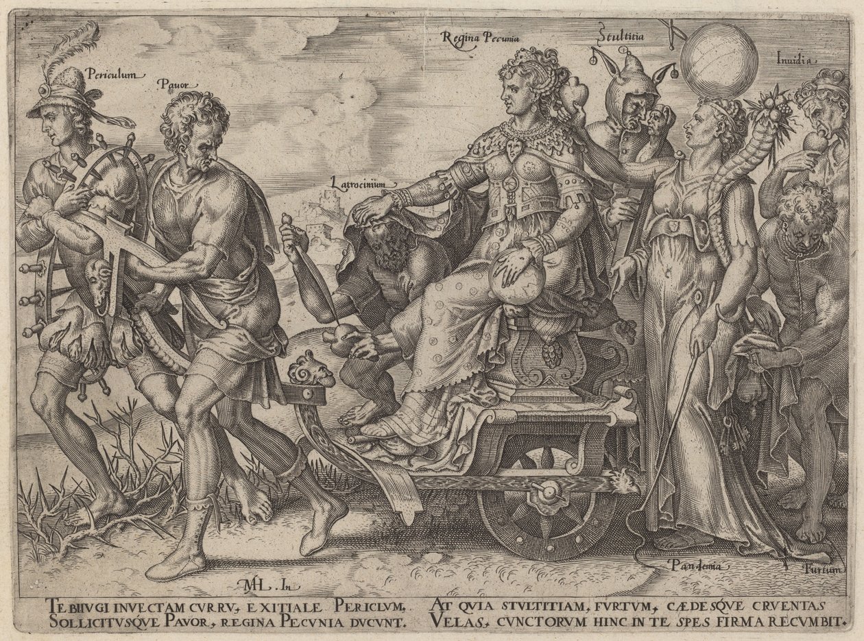 Vaara, köyhyys, ryöstö, rahan kuningatar, hulluus, kateus (vaurautta seuraavat vaarat ja paheet) tekijältä Philip Galle, after Maerten van Heemskerck