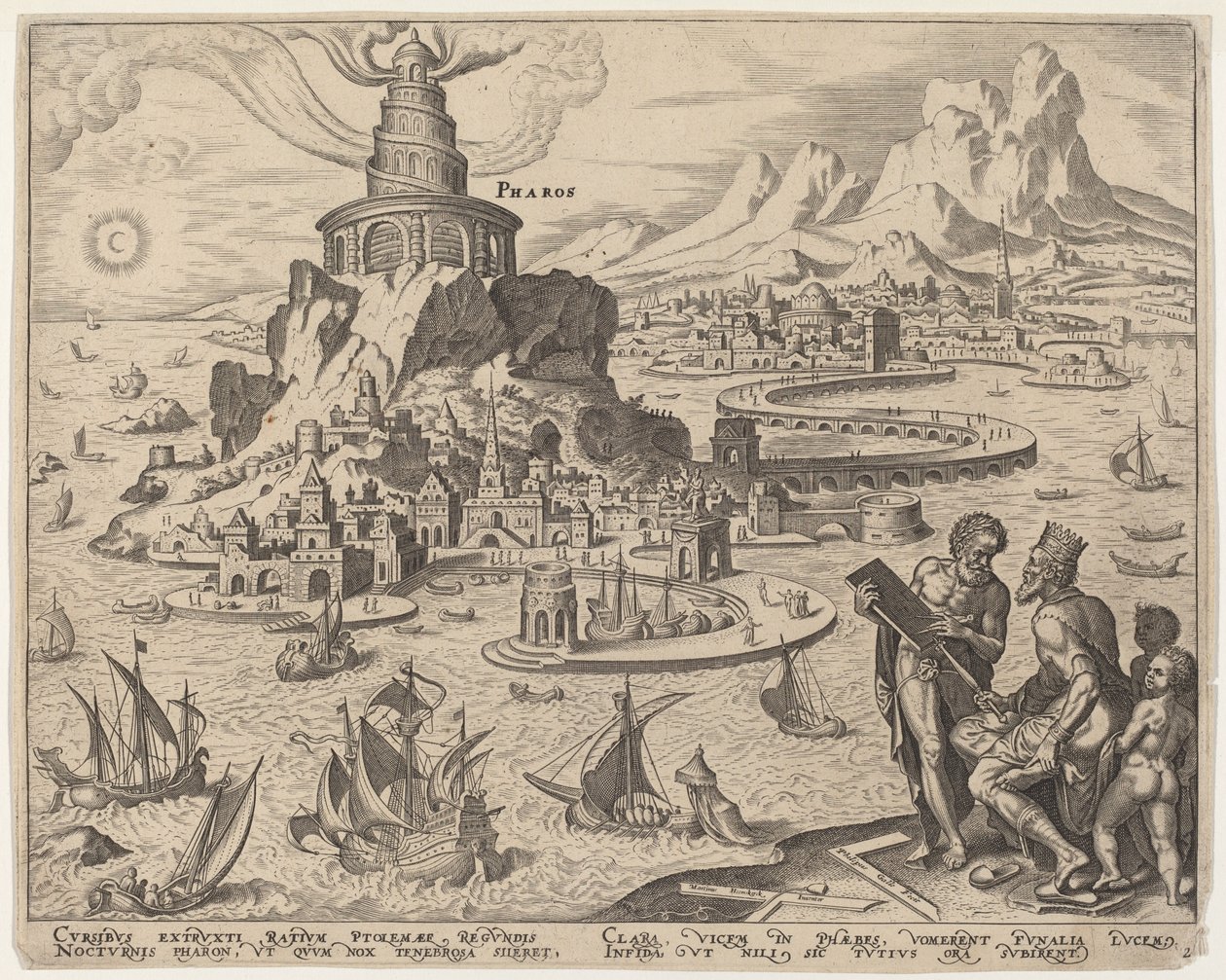 Pharos (Aleksandrian majakka) tekijältä Philip Galle, after Maerten van Heemskerck