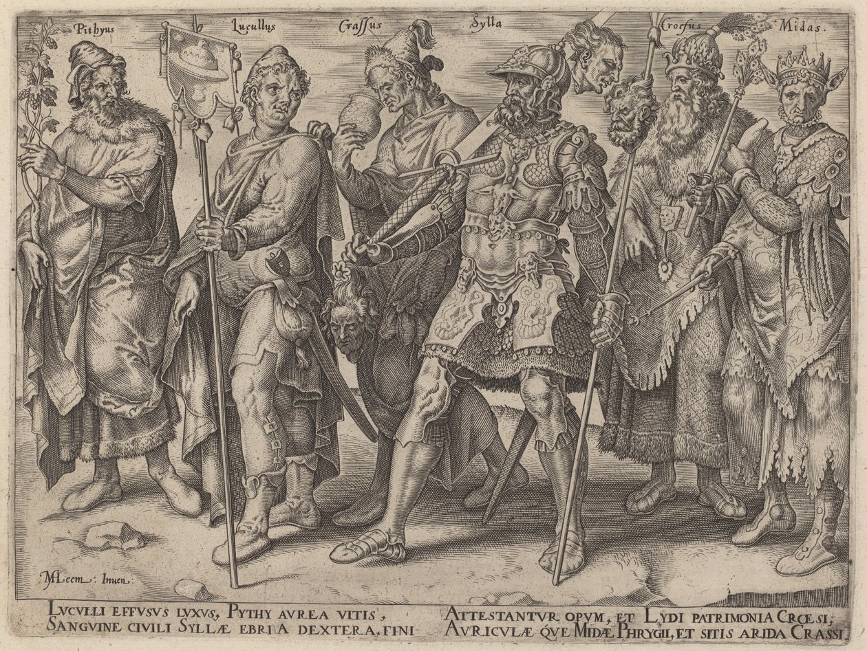 Pythius, Lucullus, Crassus, Sylla, Croesus, Midas (kuuluisia esimerkkejä rikkaudesta antiikista) tekijältä Philip Galle, after Maerten van Heemskerck