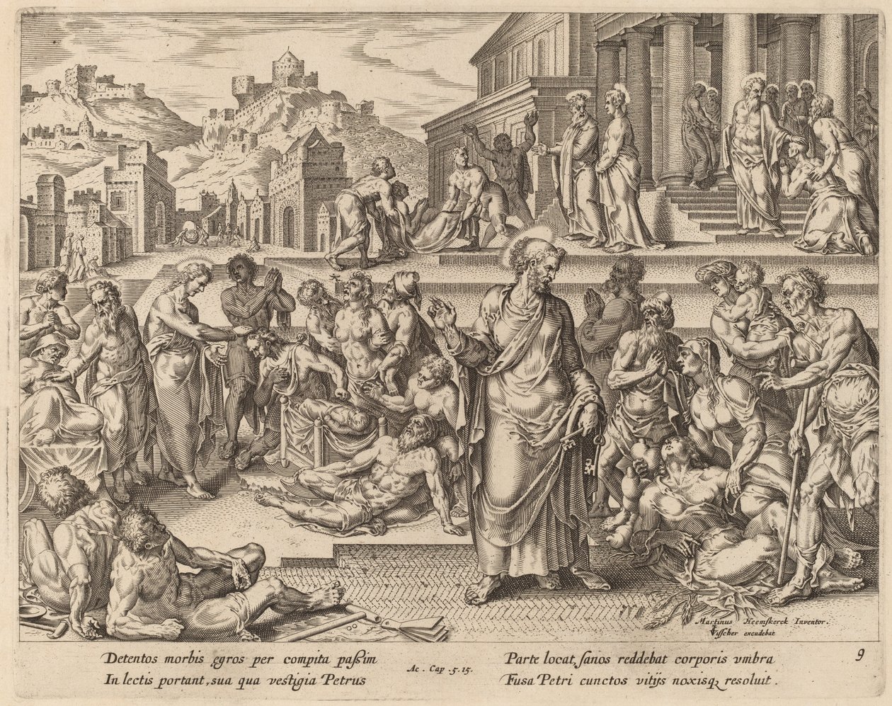 Pyhä Pietari parantamassa sairaita varjollaan tekijältä Philip Galle after Maerten van Heemskerck