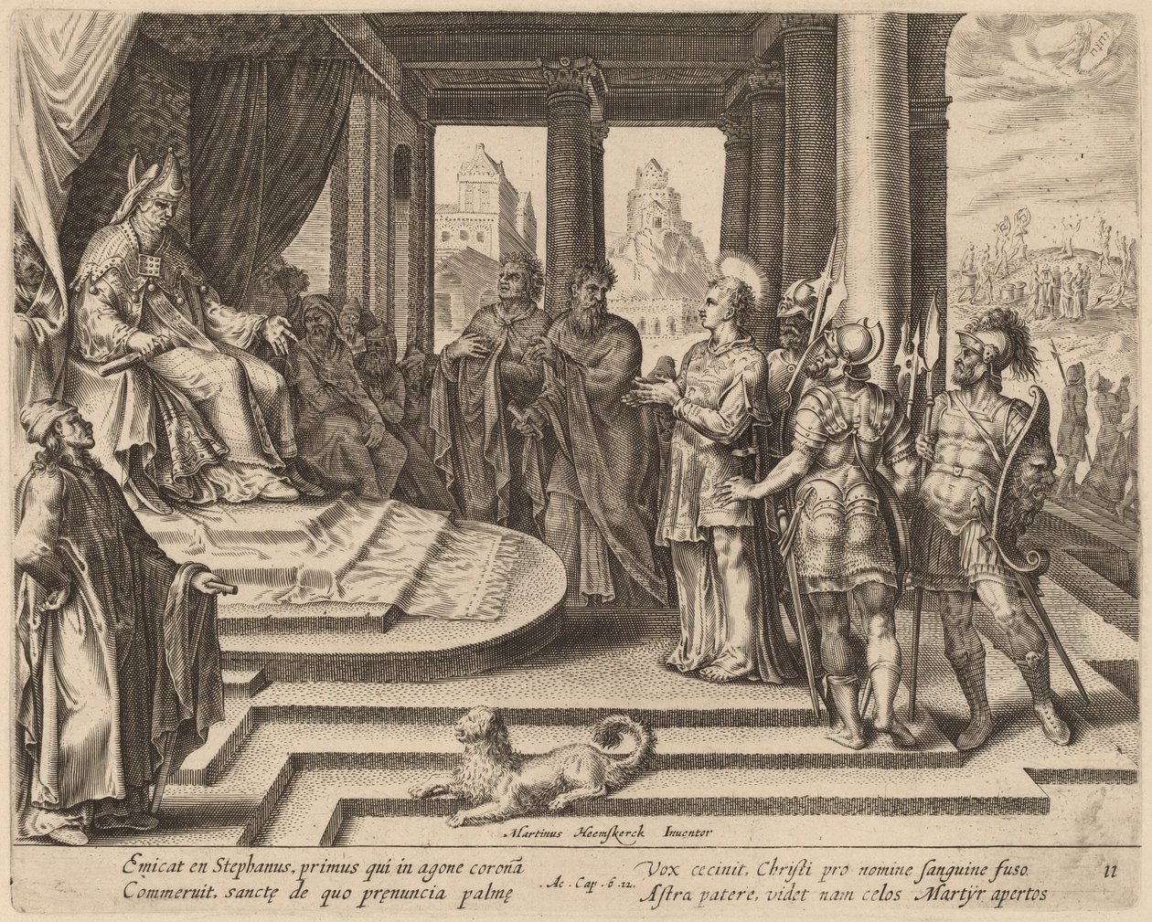 Pyhä Stefanus neuvoston edessä tekijältä Philip Galle after Maerten van Heemskerck