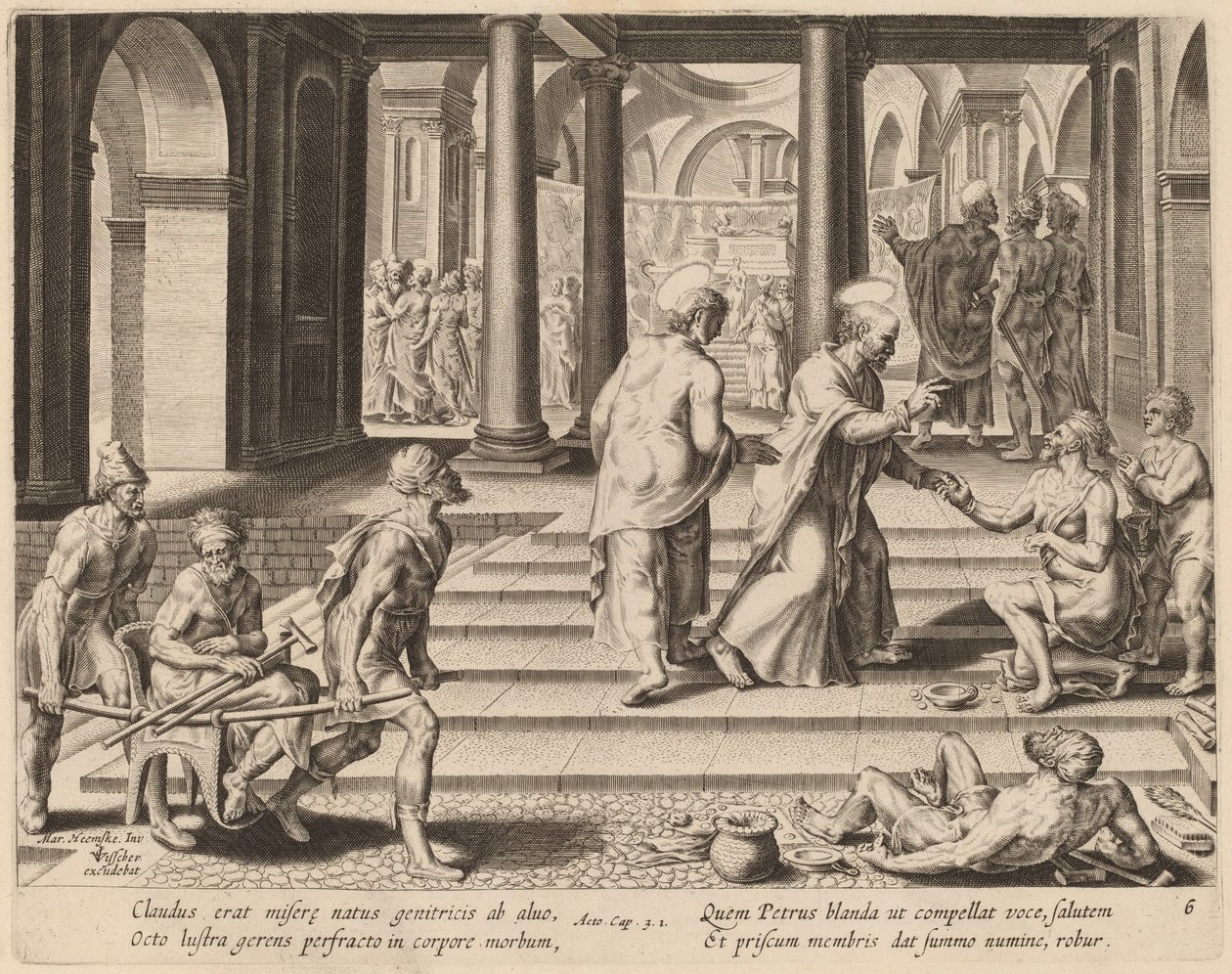 Pyhät Pietari ja Johannes parantavat ramman temppelin portilla tekijältä Philip Galle after Maerten van Heemskerck