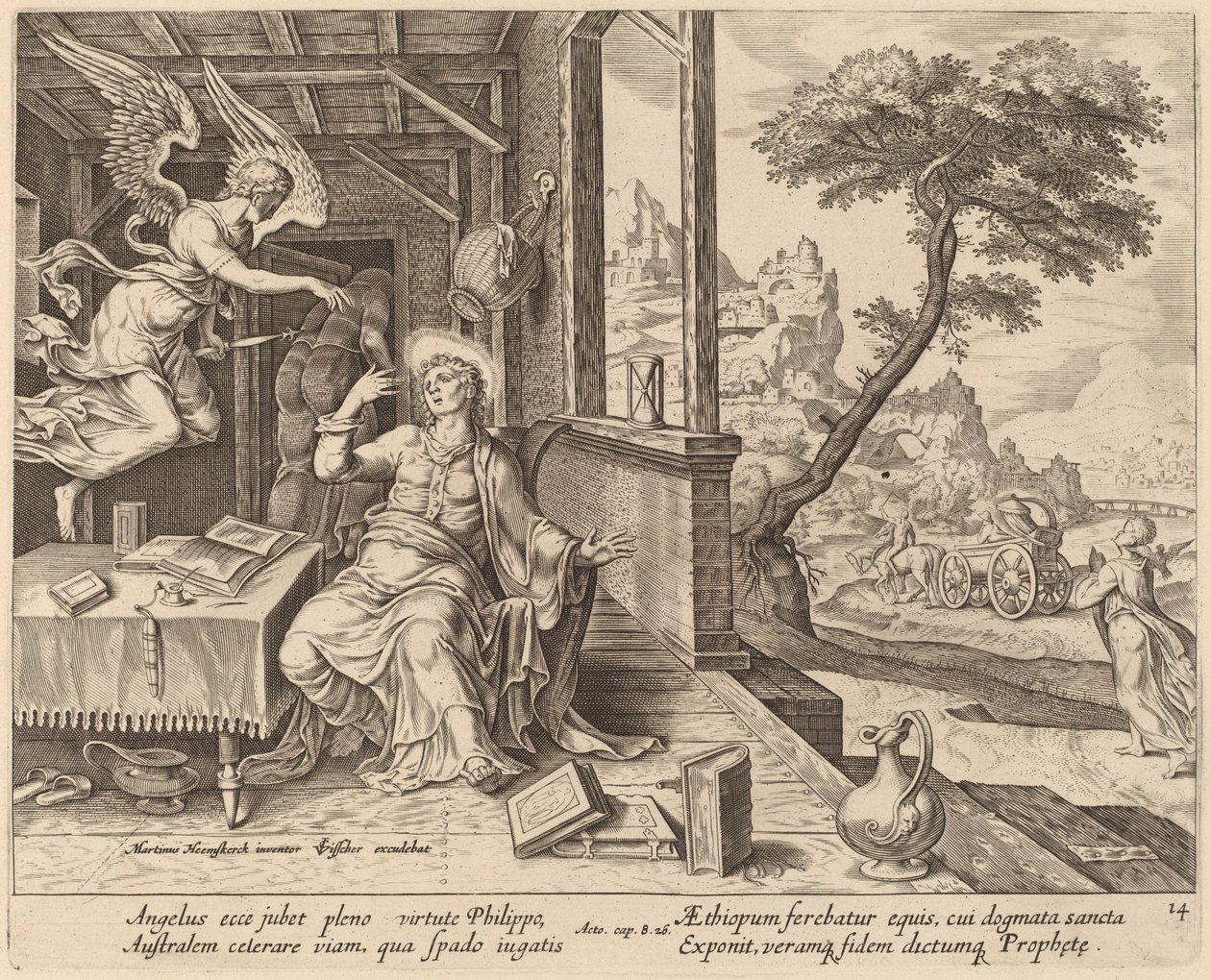 Enkeli käskee Pyhän Philipin seuraamaan Etiopian eunukkia tekijältä Philip Galle after Maerten van Heemskerck