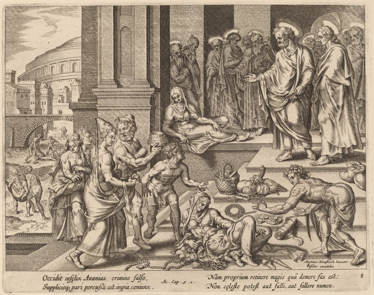 Ananiaan ja Safiiran kuolemat tekijältä Philip Galle after Maerten van Heemskerck