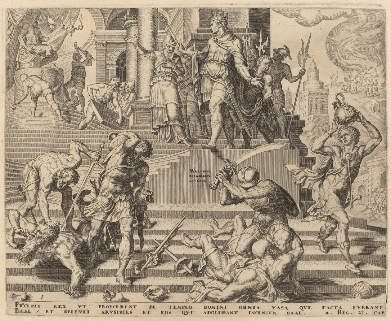 Baalin temppelin tuhoaminen ja hänen pappiensa teurastus tekijältä Philip Galle, after Maerten van Heemskerck