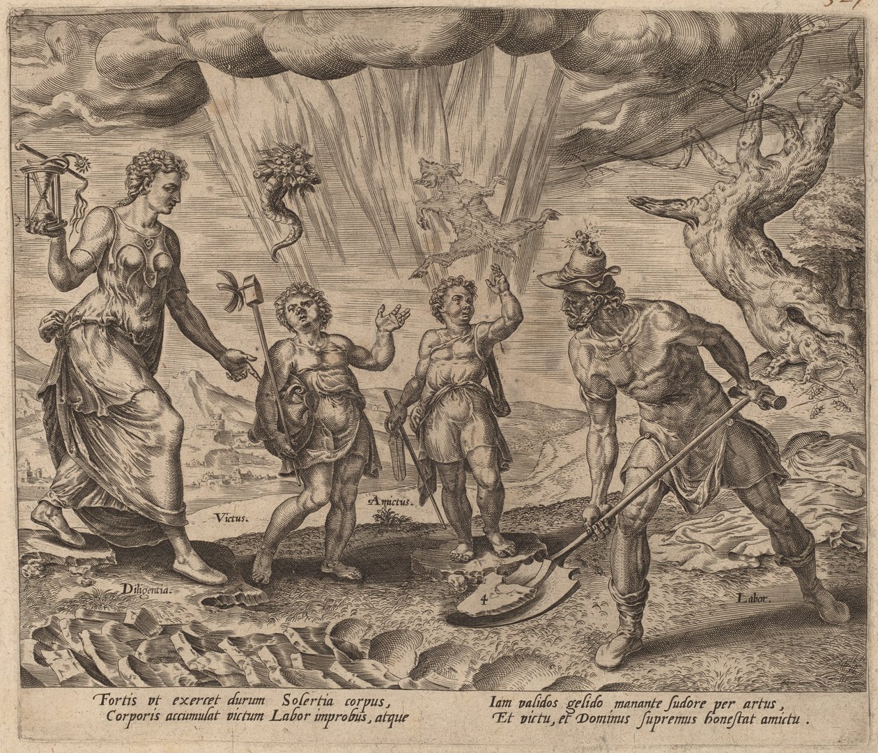 Herra lahjoittaa ahkeralle työntekijälle ruokaa ja vaatteita tekijältä Philip Galle after Maerten van Heemskerck