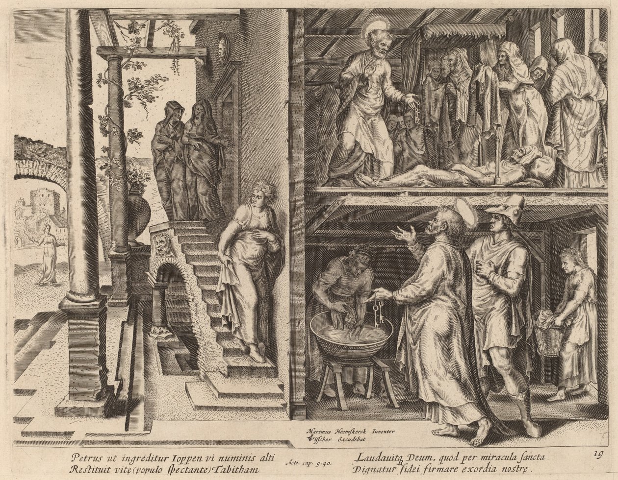 Tabithan herättäminen tekijältä Philip Galle after Maerten van Heemskerck