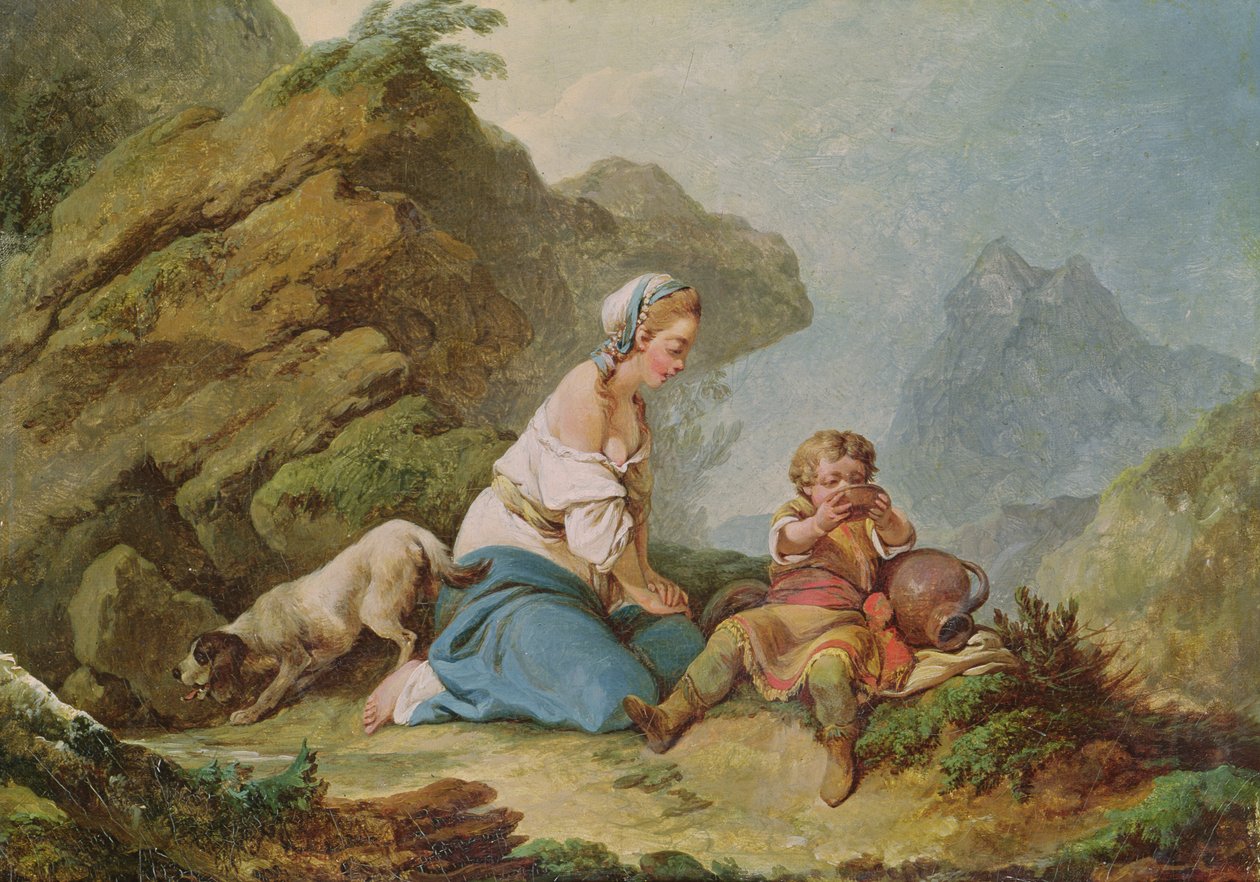 Hagar katselee poikaansa juomassa tekijältä Philippe Jacques de Loutherbourg