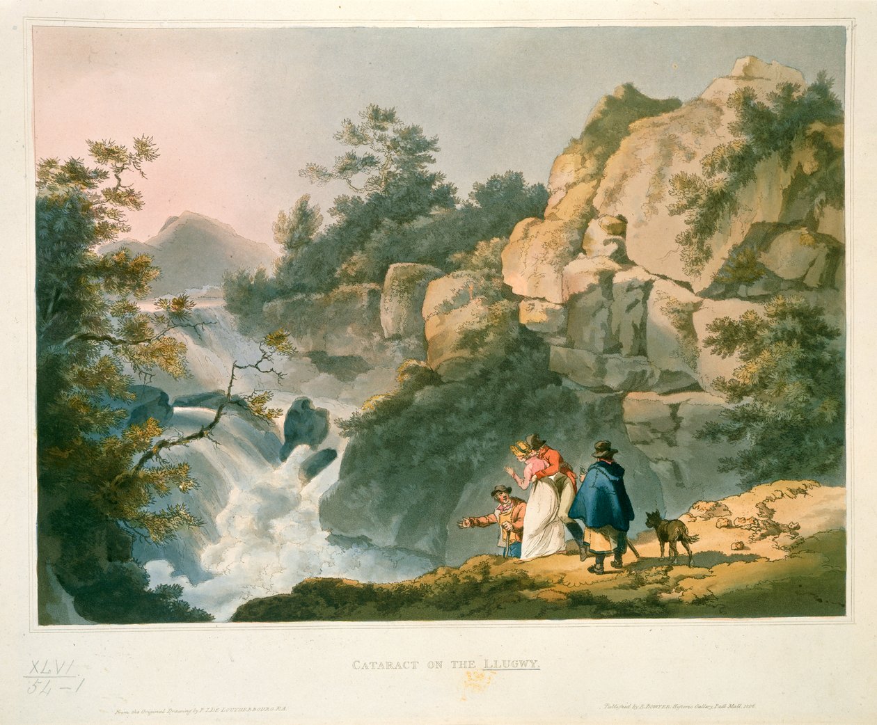 Turistit katselevat vesiputousta, kaihia Llugwylla tekijältä Philip James de Loutherbourg