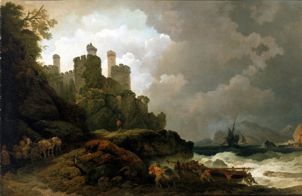 Kalastusvene vedetään rantaan lähellä Conwy Castlea (Wales). Philippe-Jacques (Philippe Jacques) de Loutherbourgin (1740-1812) öljy kankaalle, noin 1800. tekijältä Philip James de (1740 1812) Loutherbourg
