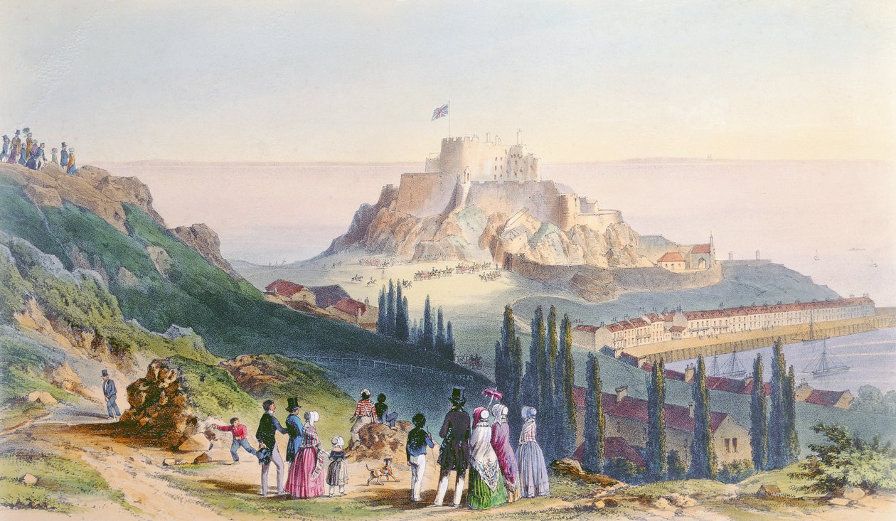 Hänen Majesteettinsa saapuminen Mount Orgueilille, 3. syyskuuta 1846, kuningatar Victorian vierailulta Jerseystä, kaiverrus H. Walter, 1847 tekijältä Philip John Ouless