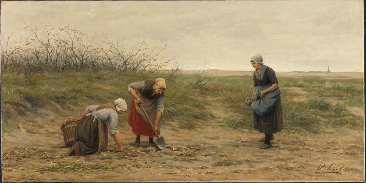 Scheveningenin naiset keräävät perunoita pellolta tekijältä Philip Lodewijk Jacob Frederick Sadee